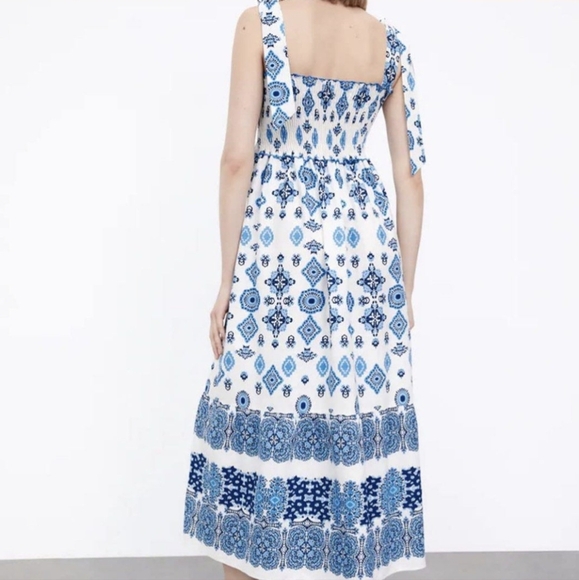Zara Boho Print Smocked Lace Up Dress Size S - Picture 4 of 9